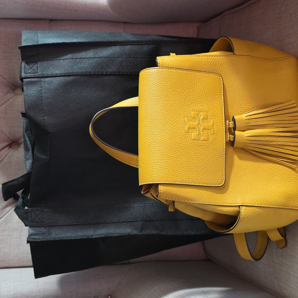 Tory Burch Chic Yellow Leather Backpack with Tassels - Picture 13 of 14